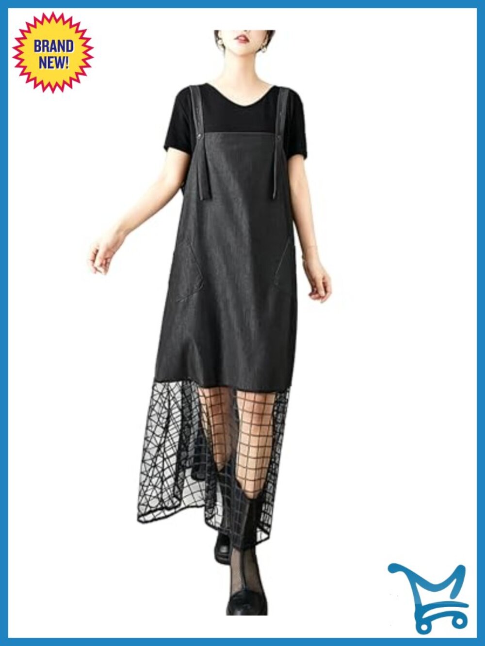 Women's Casual Overall Dress Adjustable Suspenders Mesh See Through Hem Plus